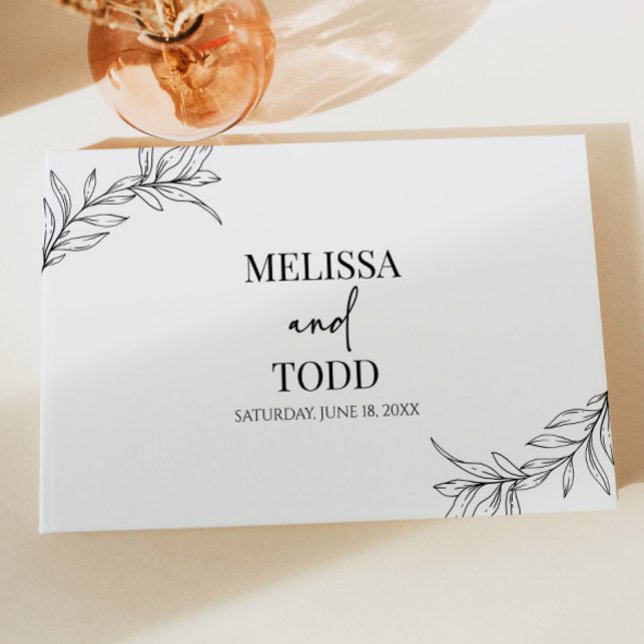 Black White Minimal Minimalist Branch Leaf Wedding Guest Book (Creator Uploaded)