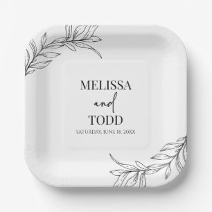 Black White Minimal Minimalist Branch Leaf Wedding Paper Plate