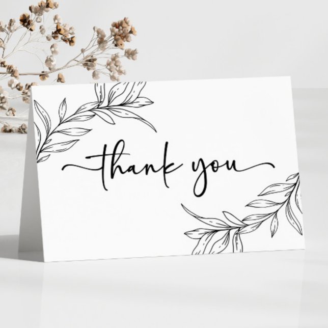 Black White Minimal Minimalist Branch Leaf Wedding Thank You Card (Creator Uploaded)