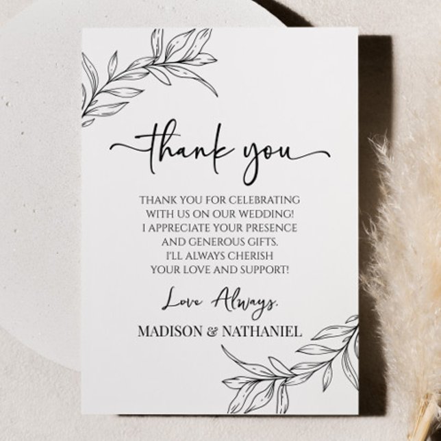 Black White Minimal Minimalist Branch Leaf Wedding Thank You Card (Creator Uploaded)