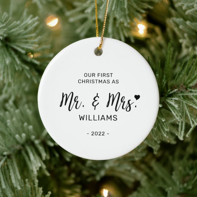 Black & White Minimal Mr Mrs First Christmas Photo Ceramic Ornament (Tree)