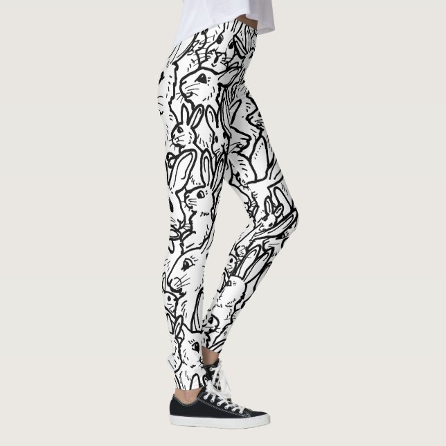 Black & White Minimal Rabbit Bunny Line Drawings Leggings (Right)