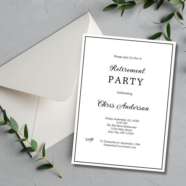 Black White Minimal Simple Modern Retirement Party Invitation (Black White Border minimalist simple elegant Retirement Party Invitation for him or her. Printed )