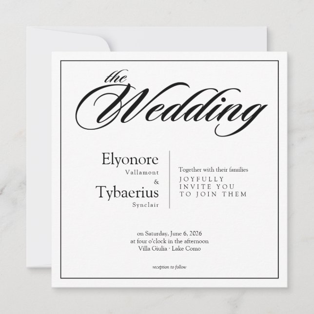 Black & White Minimal Square Wedding Invitation (Front)
