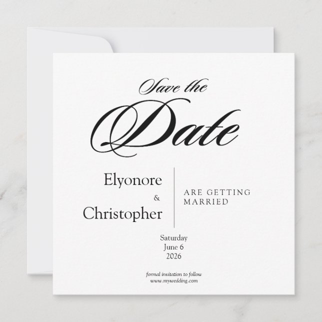 Black & White Minimal Square Wedding Save the Date Card (Front)