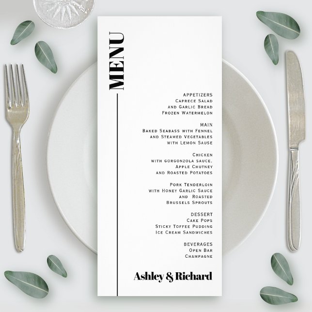 Black, white minimal typography wedding menu card (Creator Uploaded)