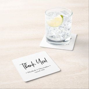 Black White Minimal Wedding Thank You favor Square Paper Coaster