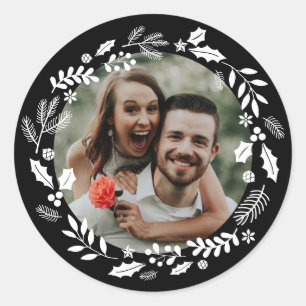 Black White Minimal Wreath Photo Classic Round Sticker