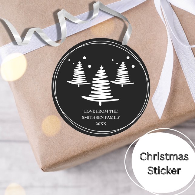 Black White Minimalist Christmas Trees Classic Round Sticker (Creator Uploaded)