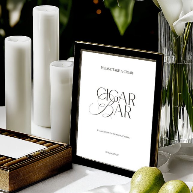 Black & White Minimalist Cigar Bar Wedding Sign (Elegant Black & White Minimalist Cigar Bar Sign)