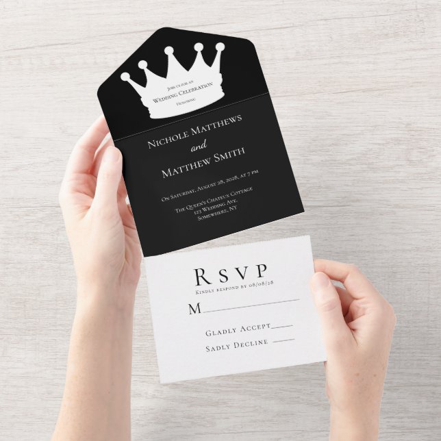 Black & White Minimalist Crown Wedding Celebration All In One Invitation (Tearaway)