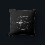 Black White Minimalist Elegant Script Monogram Cushion<br><div class="desc">The elegant typography on this monogram throw pillow is in line art style. It's a double sided throw pillow that's easy to personalise with a monogram and corresponding first name. The minimalist, unique white script is striking against the black throw pillow. Because it's black and white, it should fit into...</div>