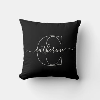 Black White Minimalist Elegant Script Monogram Cushion