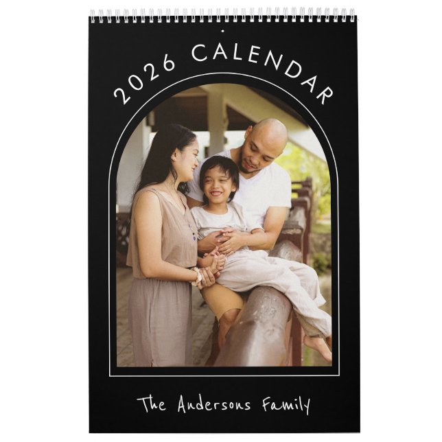 Black White Minimalist Family Photo 2026 Monthly  Calendar (Cover)