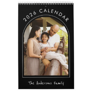 Black White Minimalist Family Photo 2026 Monthly  Calendar