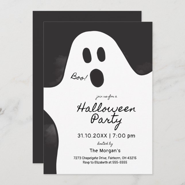 Black & White Minimalist Ghost Halloween Party  Invitation (Front/Back)