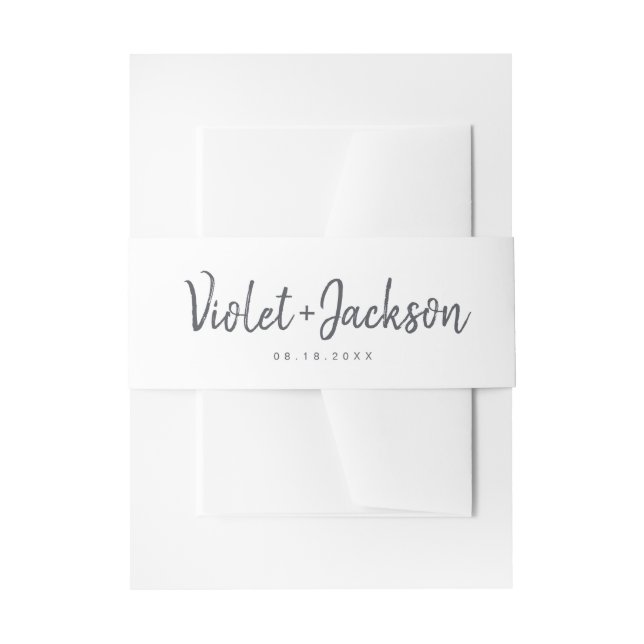 Black white minimalist handwritten script wedding invitation belly band (Front Example)