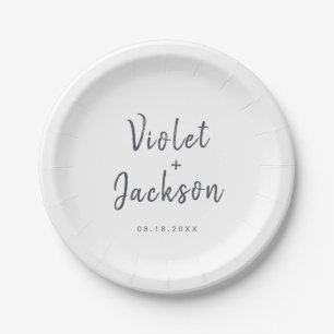 Black white minimalist handwritten script wedding paper plate