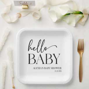 Black White Minimalist Hello Baby Baby Shower Paper Plate