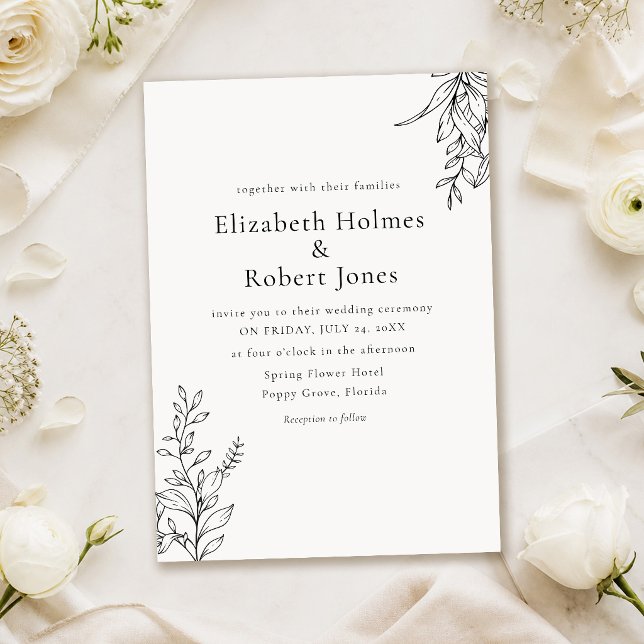 Black & White Minimalist Line Art Wedding Invitation (Black & White Minimalist Line Art Wedding Invitation on a wedding table with white flowers)