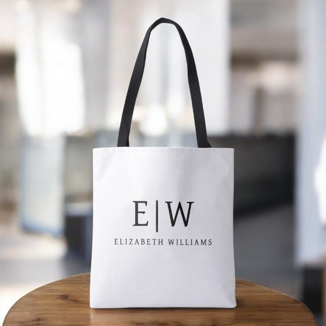 Black White Minimalist Modern Monogram Elegant Tote Bag (Creator Uploaded)