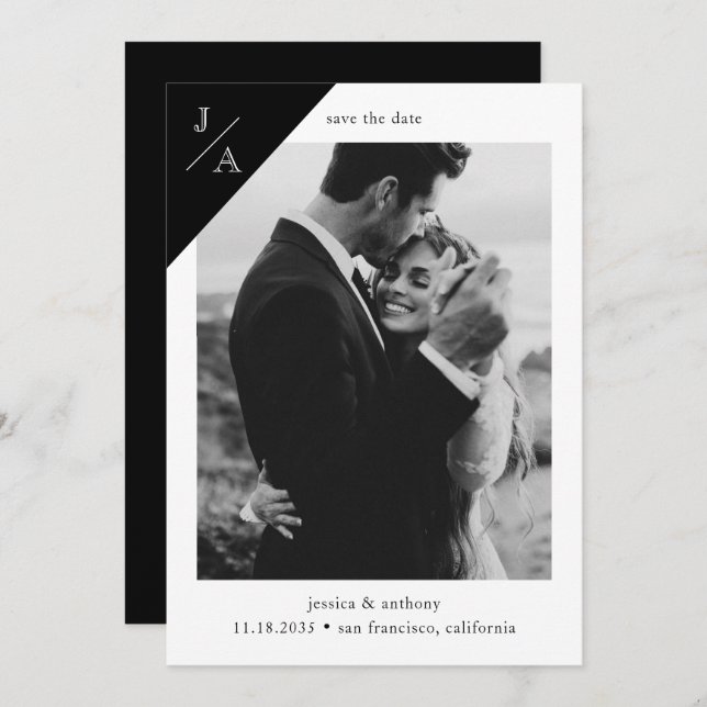 Black White Minimalist Modern Monogram Photo Save The Date (Front/Back)