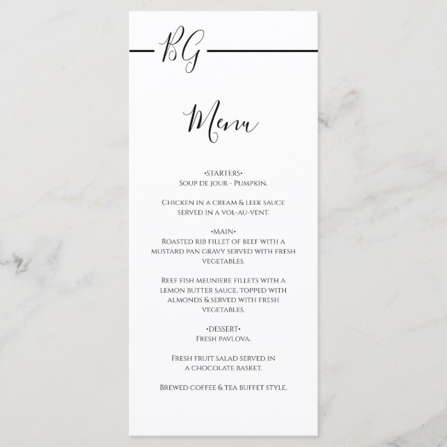 Black & White Minimalist Monogram Wedding Menu (Front)