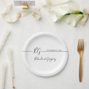 Black & White Minimalist Monogram Wedding Paper Plate