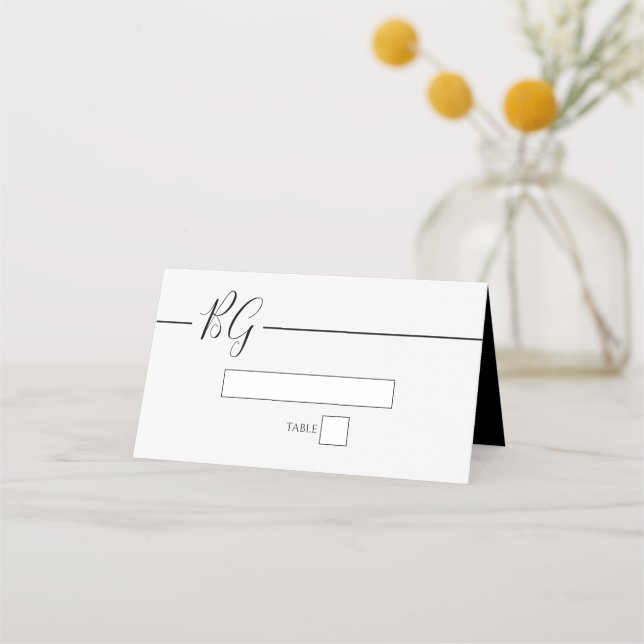 Black & White Minimalist Monogram Wedding Place Card (Front)