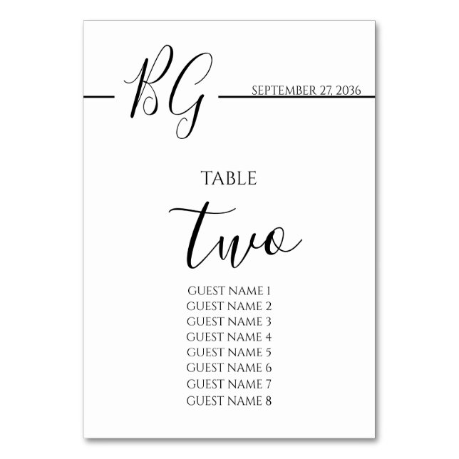 Black & White Minimalist Monogram Wedding  Table Number (Front)