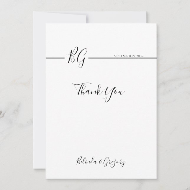 Black & White Minimalist Monogram Wedding Thank You Card (Front)