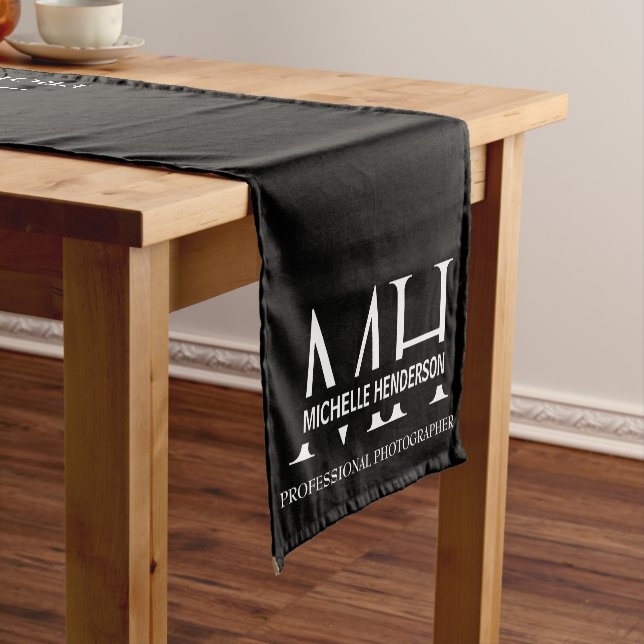 Black & White Minimalist Monogrammed Business Logo Short Table Runner (In Situ)