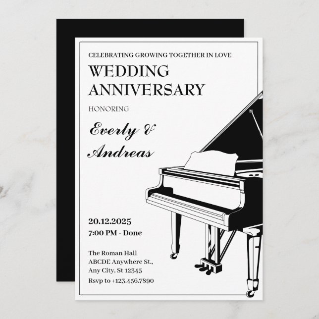 Black white minimalist Piano Wedding Anniversary Invitation (Front/Back)
