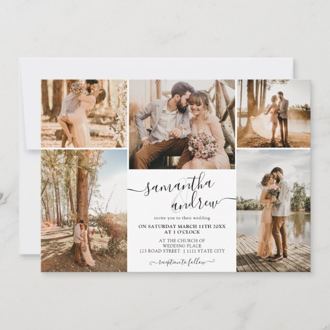 Black white minimalist script 6 photos wedding invitation (Front)