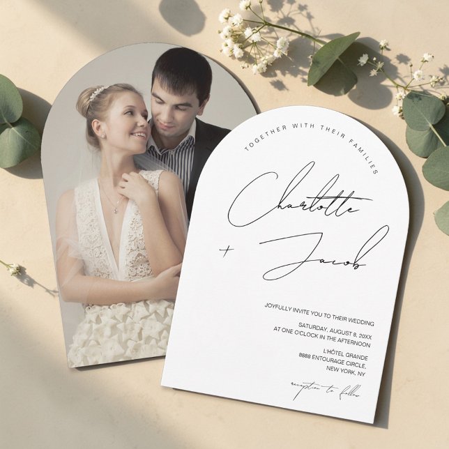 Black white Minimalist Script Arch Photo Wedding Invitation (Modern, minimalist script typography with photo, wedding invitation. black and white aesthetic.)