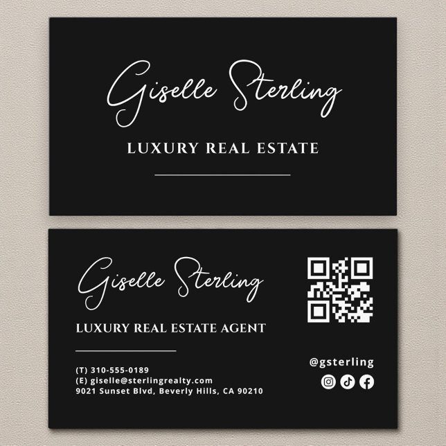 Black White Minimalist Script QR Code Business Card (Creator Uploaded)