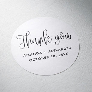 Black white minimalist script wedding thank you classic round sticker