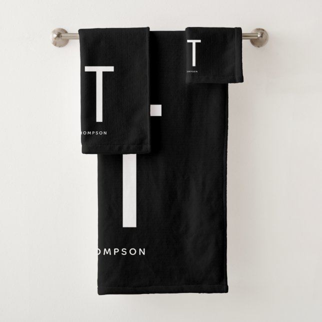 Black & White Minimalist Simple Modern Monogram Bath Towel Set (Insitu)