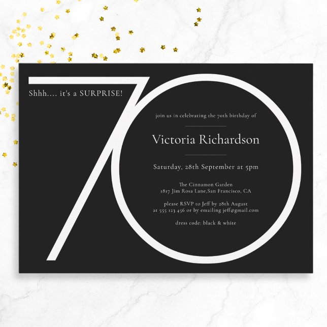Black White Minimalist Surprise 70th Birthday Invitation (Mockup View)