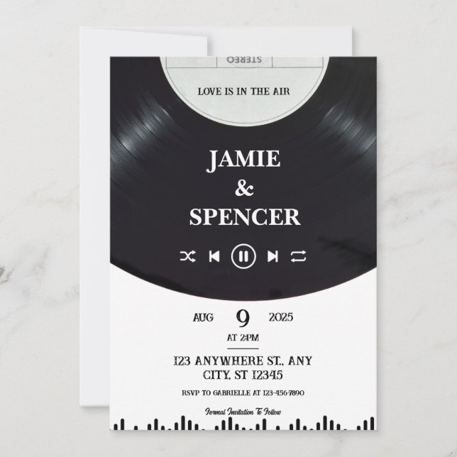 Black White Minimalist Vinyl Record  Save The Date Invitation (Front)