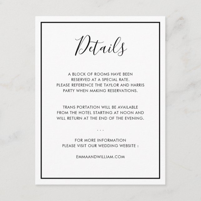 Black & White Minimalist Wedding Details card 01 (Front)