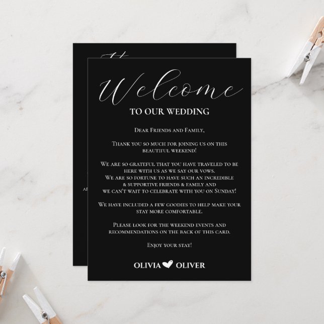 Black & white minimalist wedding weekend itinerary (Front/Back In Situ)