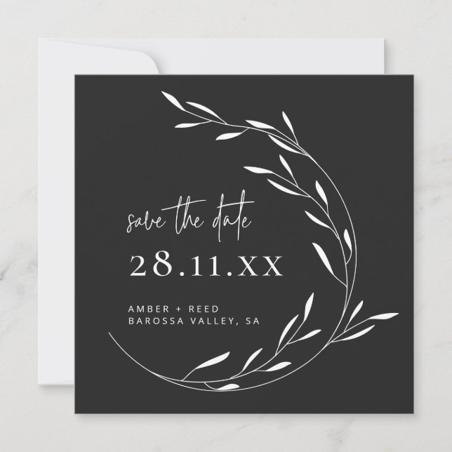 Black White Minimalist Wreath Square Save the Date (Front)