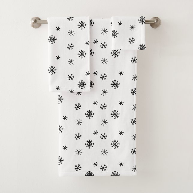 Black White Minimalistic Snowflake Christmas Bath Towel Set (Insitu)