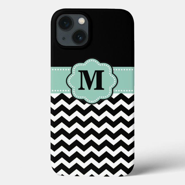 Black White Mint Green Chevron Monogram Case-Mate iPhone Case (Back)