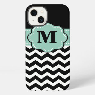 Black White Mint Green Chevron Monogram iPhone Case