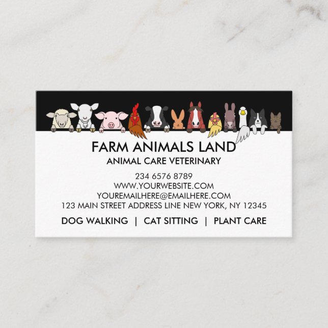 Black White Mix Farm Animals Veterinary Calling Card (Front)