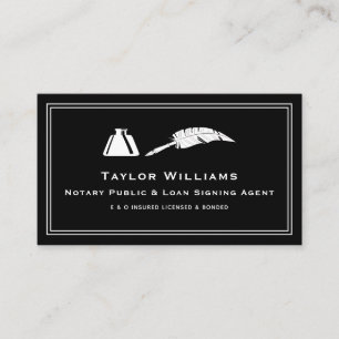 Black White Mobile Notary Public Quill Feather Pen Business Card