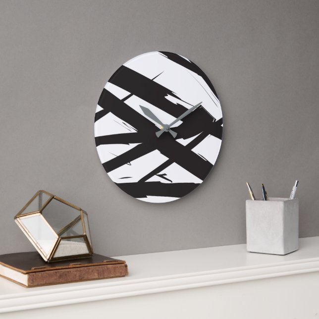 Black & White Modern Abstract Art Line Decorative Large Clock (Office)