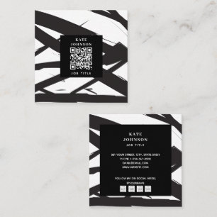 Black & White Modern Abstract Art Line QR Code Square Business Card